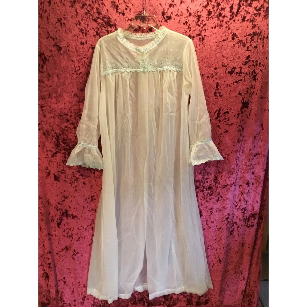 Vintage maxi dress kaftan nightgown robe bell sleeve ruffle eyelet lace ribbon m